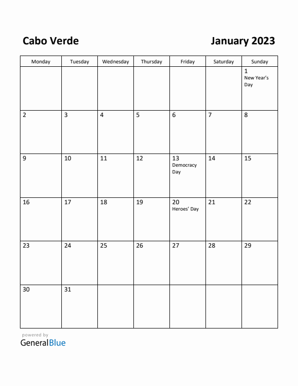 January 2023 Calendar with Cabo Verde Holidays