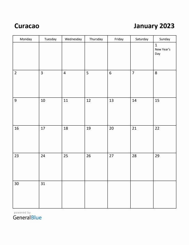 January 2023 Calendar with Curacao Holidays