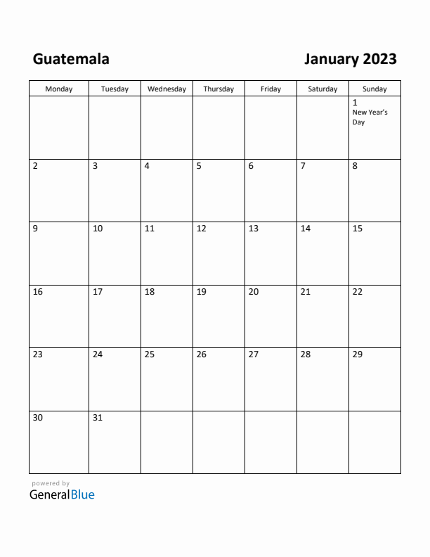January 2023 Calendar with Guatemala Holidays