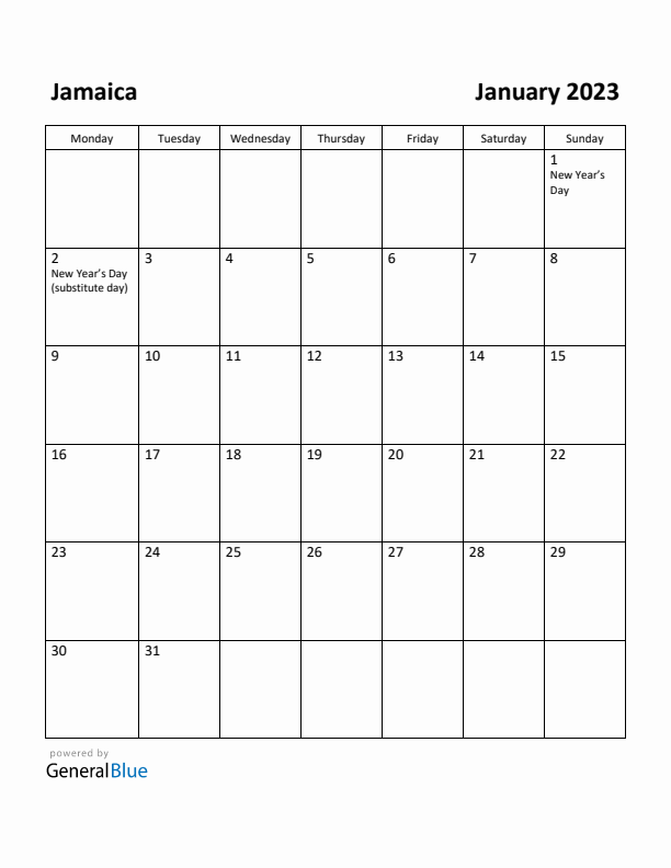 January 2023 Calendar with Jamaica Holidays