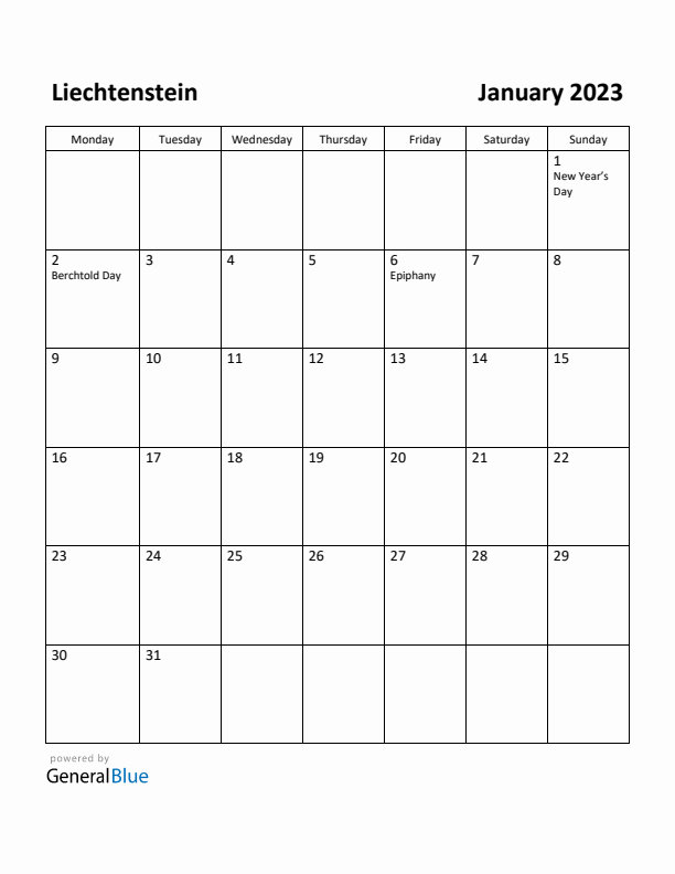 January 2023 Calendar with Liechtenstein Holidays