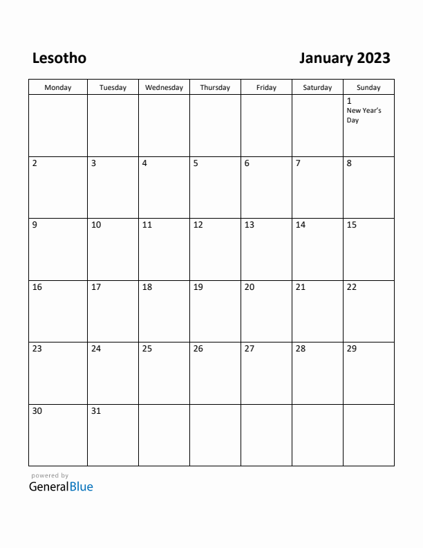 January 2023 Calendar with Lesotho Holidays