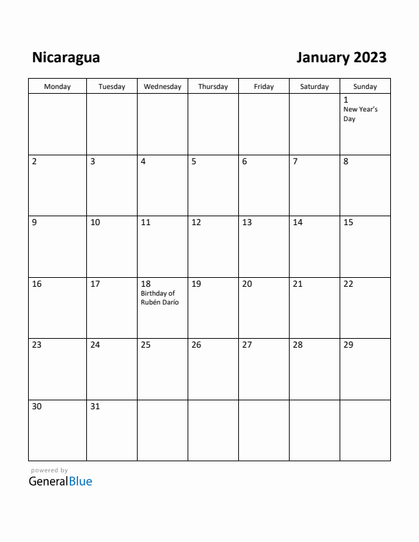 January 2023 Calendar with Nicaragua Holidays