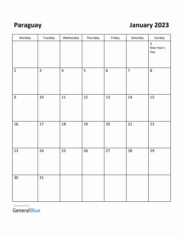 January 2023 Calendar with Paraguay Holidays