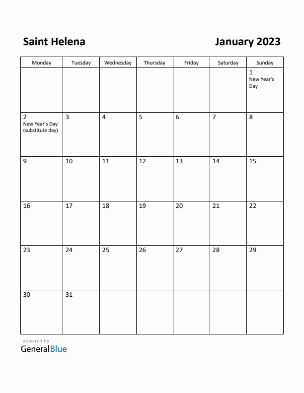 January 2023 Calendar with Saint Helena Holidays