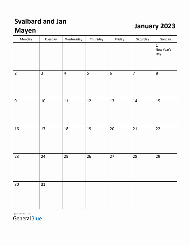 Free Printable January 2023 Calendar For Svalbard And Jan Mayen