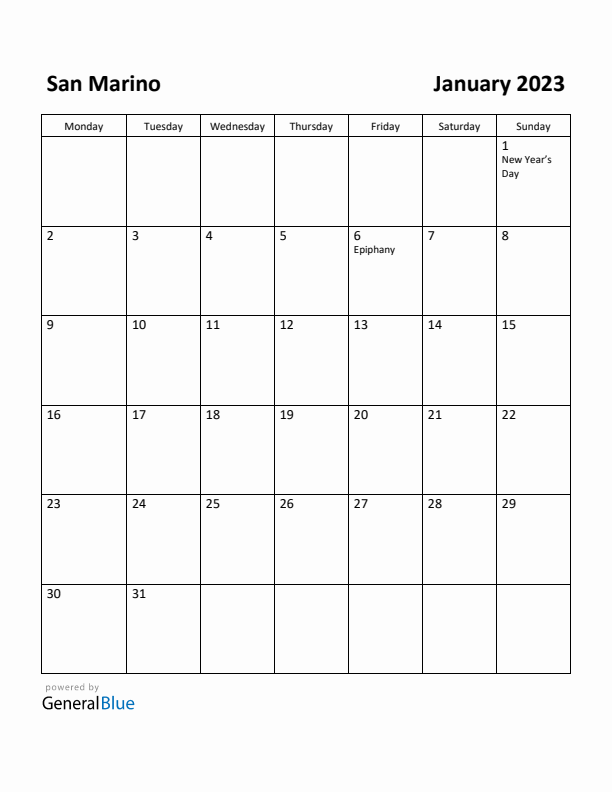 January 2023 Calendar with San Marino Holidays