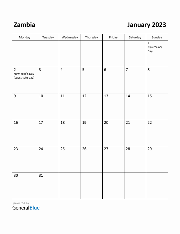 January 2023 Calendar with Zambia Holidays