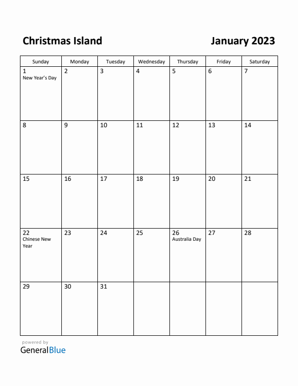 January 2023 Calendar with Christmas Island Holidays