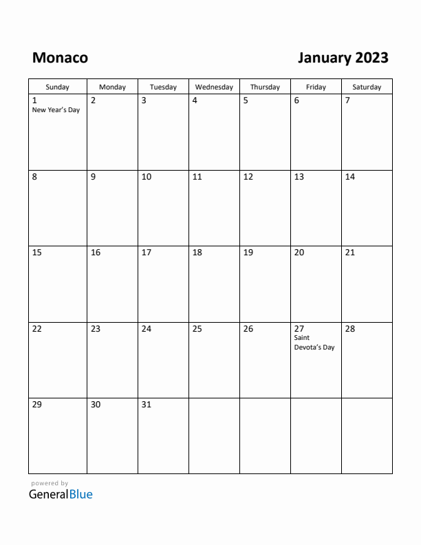 January 2023 Calendar with Monaco Holidays