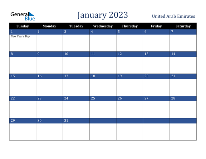 January 2023 United Arab Emirates Calendar