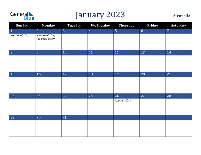 Australia January 2023 Calendar with Holidays