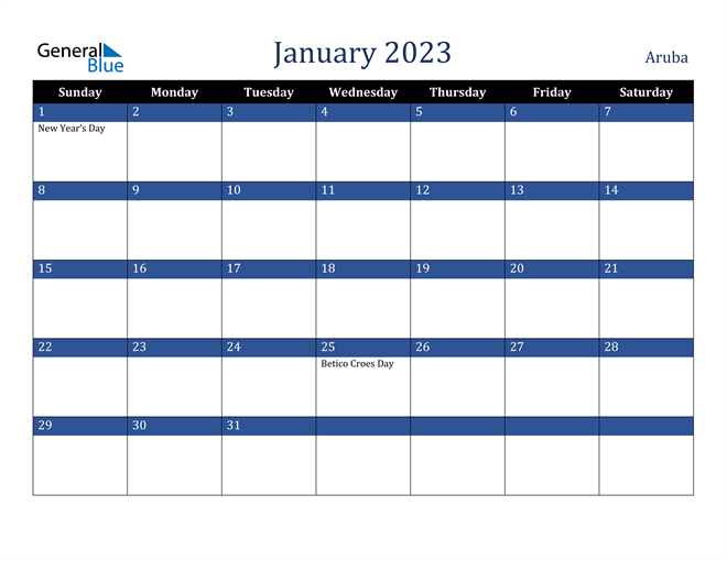 January 2023 Aruba Calendar