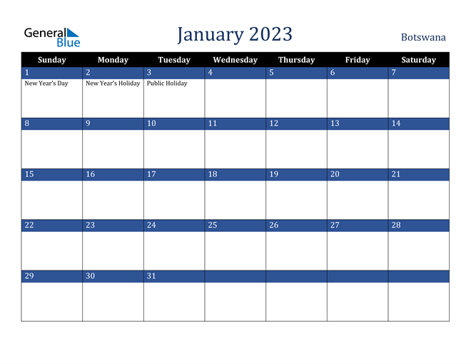 January 2023 Botswana Calendar