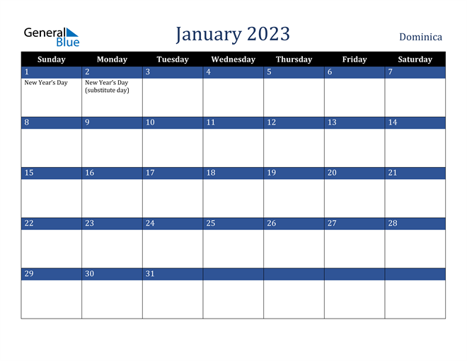 January 2023 Dominica Calendar