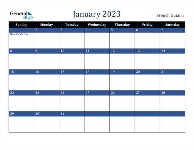 January 2023 French Guiana Calendar