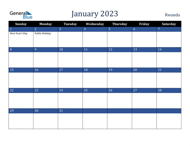 January 2023 Rwanda Calendar