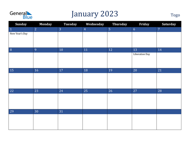 January 2023 Togo Calendar