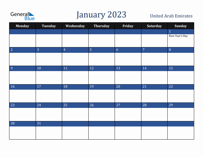 January 2023 United Arab Emirates Calendar (Monday Start)