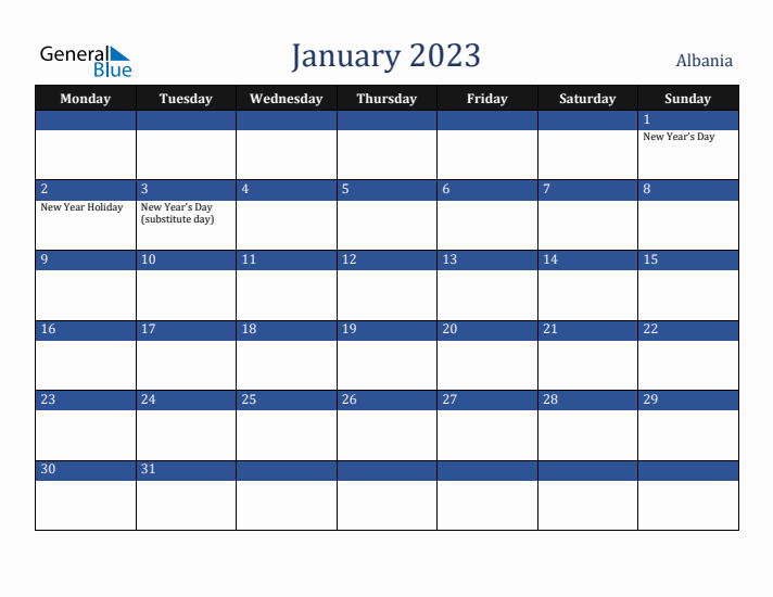 January 2023 Albania Calendar (Monday Start)