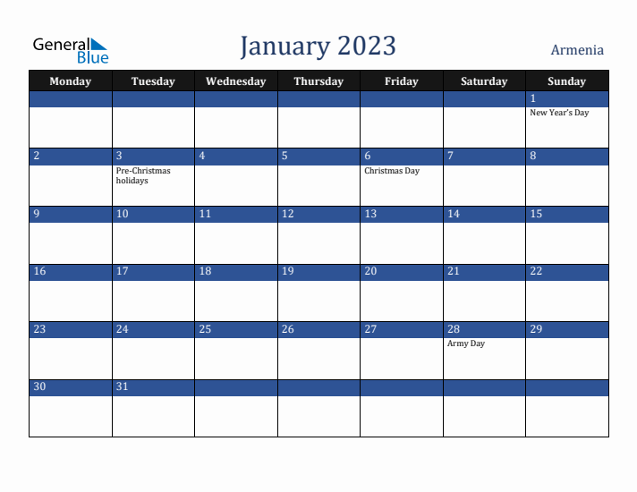 January 2023 Armenia Calendar (Monday Start)