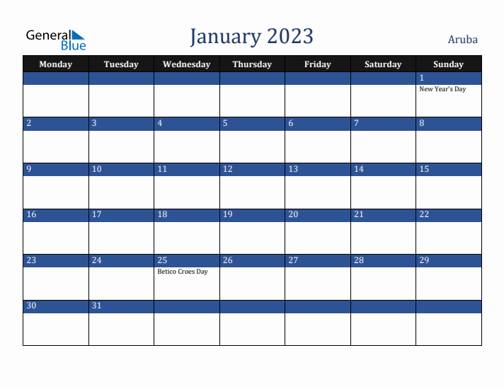 January 2023 Aruba Calendar (Monday Start)
