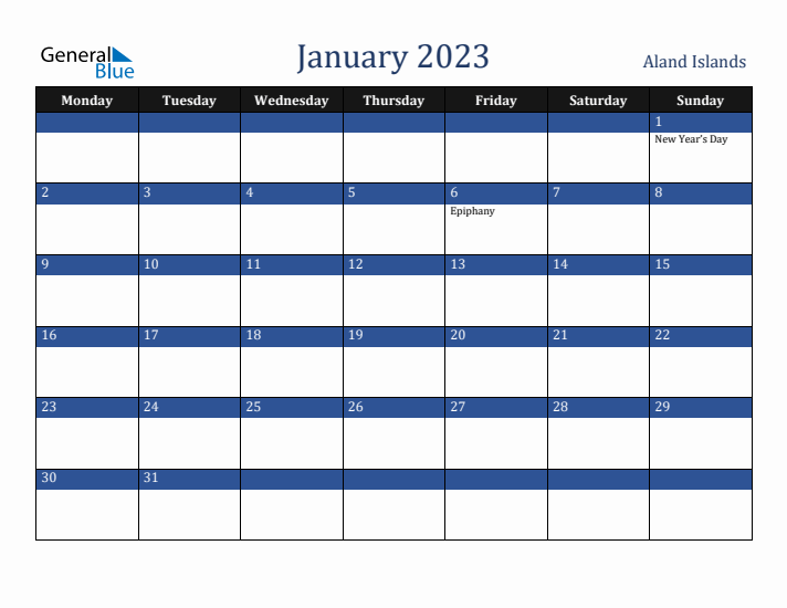 January 2023 Aland Islands Calendar (Monday Start)