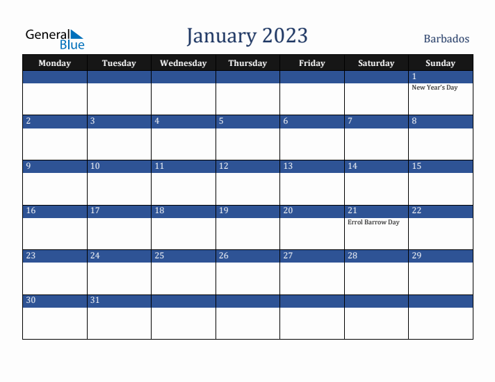 January 2023 Barbados Calendar (Monday Start)