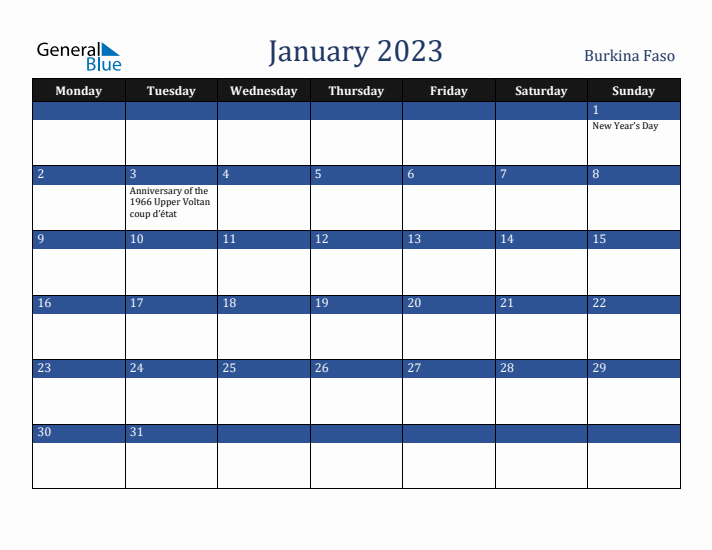 January 2023 Burkina Faso Calendar (Monday Start)