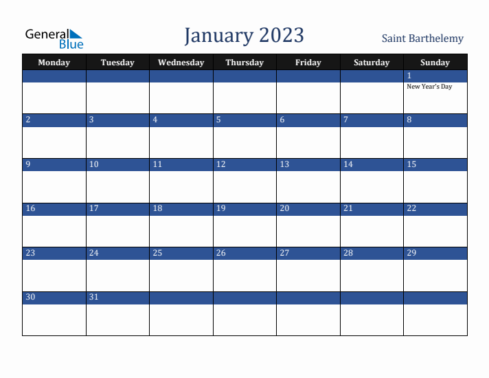 January 2023 Saint Barthelemy Calendar (Monday Start)