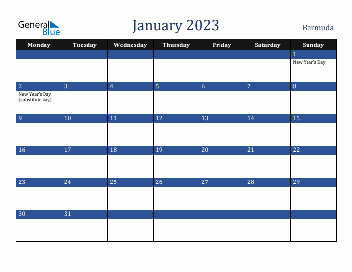 January 2023 Bermuda Calendar (Monday Start)