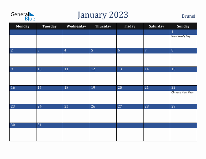 January 2023 Brunei Calendar (Monday Start)