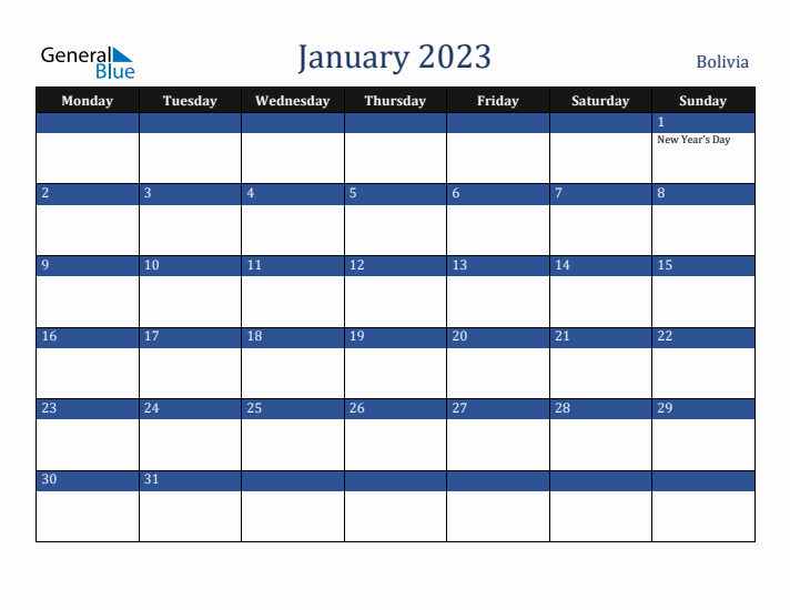 January 2023 Bolivia Calendar (Monday Start)