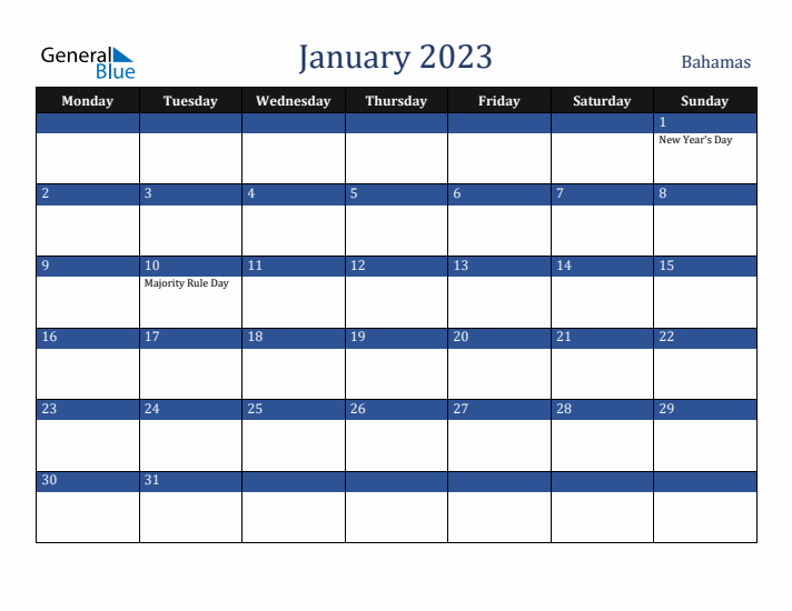 January 2023 Bahamas Calendar (Monday Start)