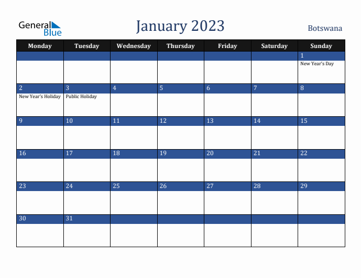 January 2023 Botswana Calendar (Monday Start)
