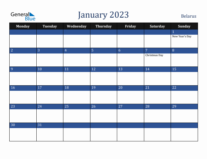 January 2023 Belarus Calendar (Monday Start)