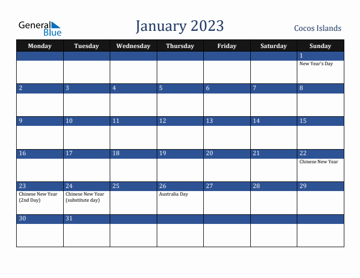 January 2023 Cocos Islands Calendar (Monday Start)