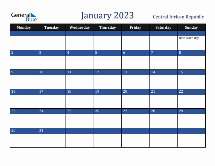 January 2023 Central African Republic Calendar (Monday Start)