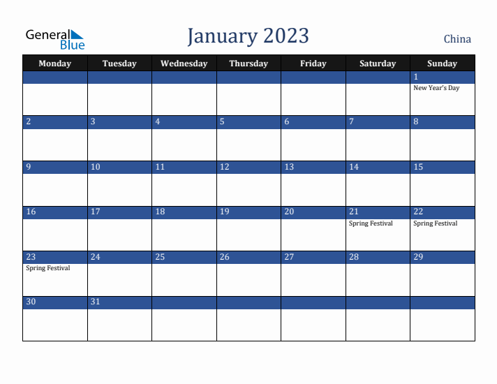 January 2023 China Calendar (Monday Start)