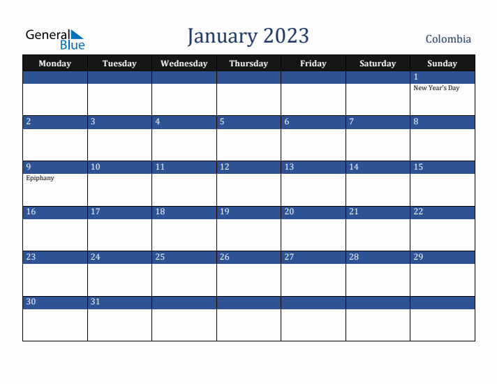 January 2023 Colombia Calendar (Monday Start)
