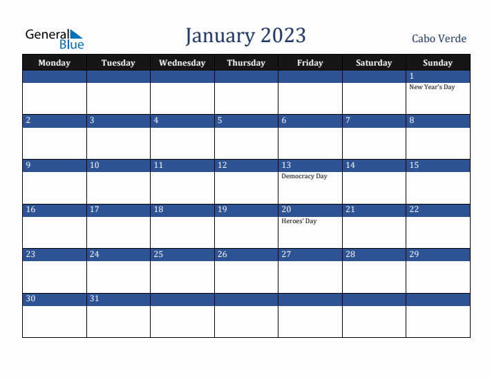 January 2023 Cabo Verde Calendar (Monday Start)