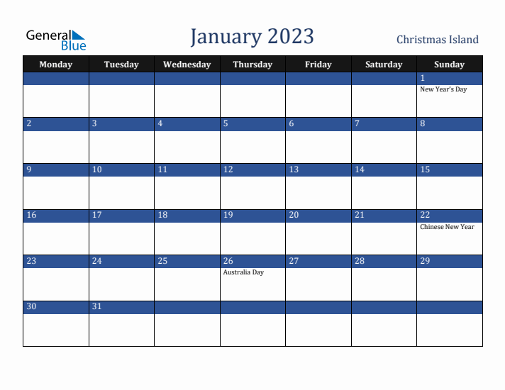 January 2023 Christmas Island Calendar (Monday Start)