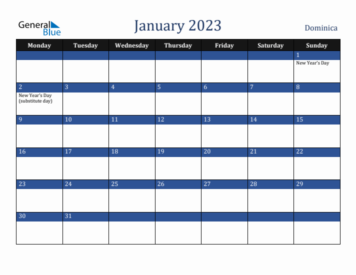 January 2023 Dominica Calendar (Monday Start)