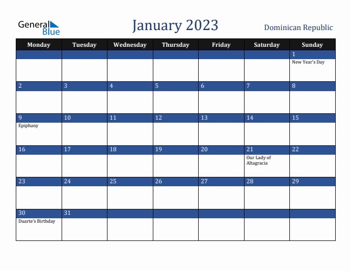 January 2023 Dominican Republic Calendar (Monday Start)