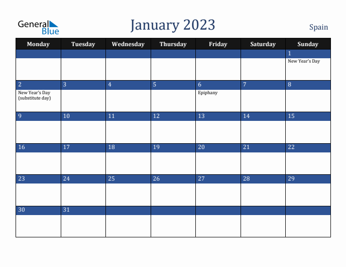 January 2023 Spain Calendar (Monday Start)