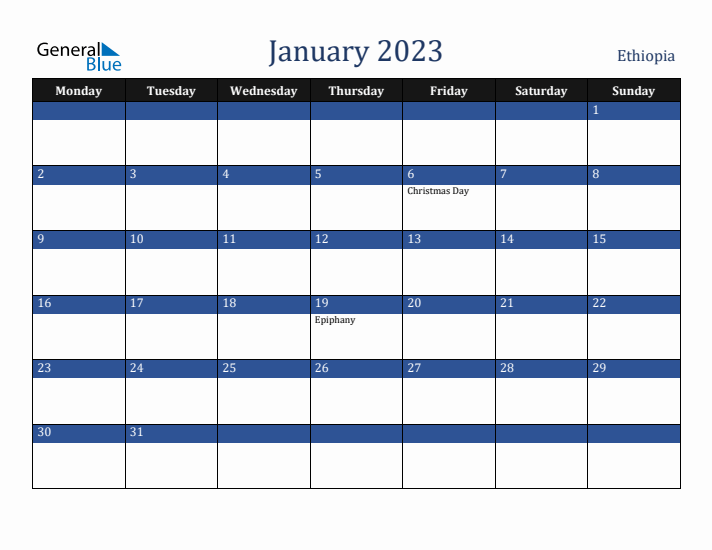 January 2023 Ethiopia Calendar (Monday Start)