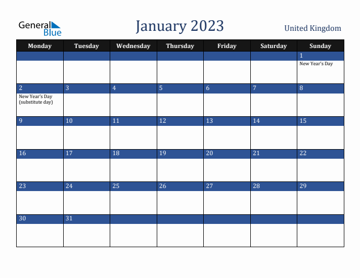 January 2023 United Kingdom Calendar (Monday Start)