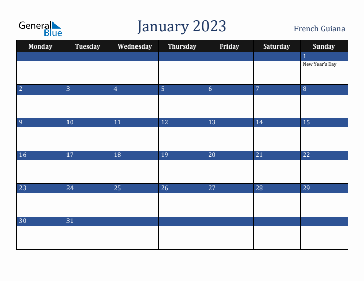 January 2023 French Guiana Calendar (Monday Start)