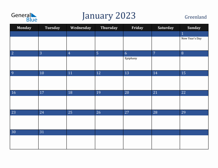 January 2023 Greenland Calendar (Monday Start)