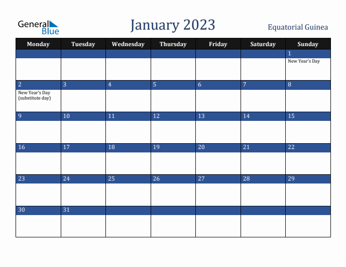 January 2023 Equatorial Guinea Calendar (Monday Start)